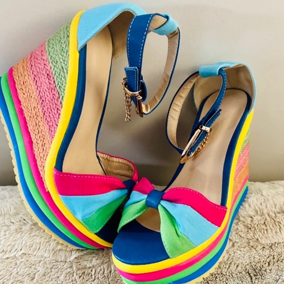 SOLD❌Neon Rainbow 🌈 Peep Toe Platform Espadrille Sandals Size 38/BRAND NEW! - Picture 3 of 13
